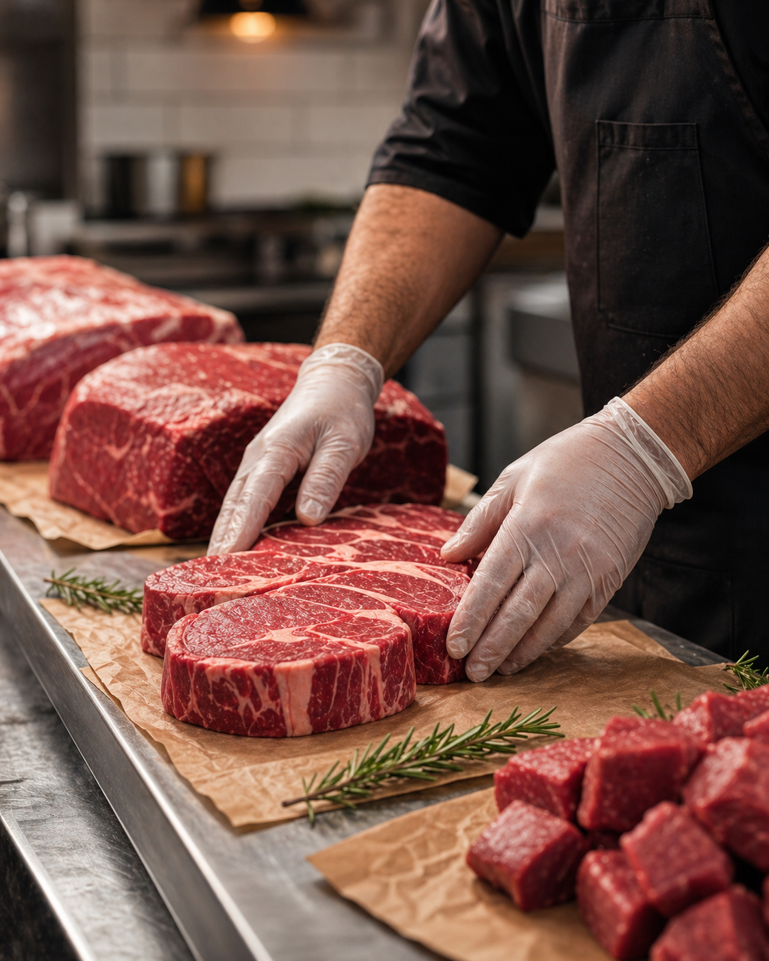 Butcher arranging premium beef cuts